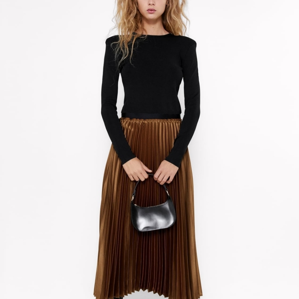 Zara Metallic Pleated Midi Skirt in Bronze